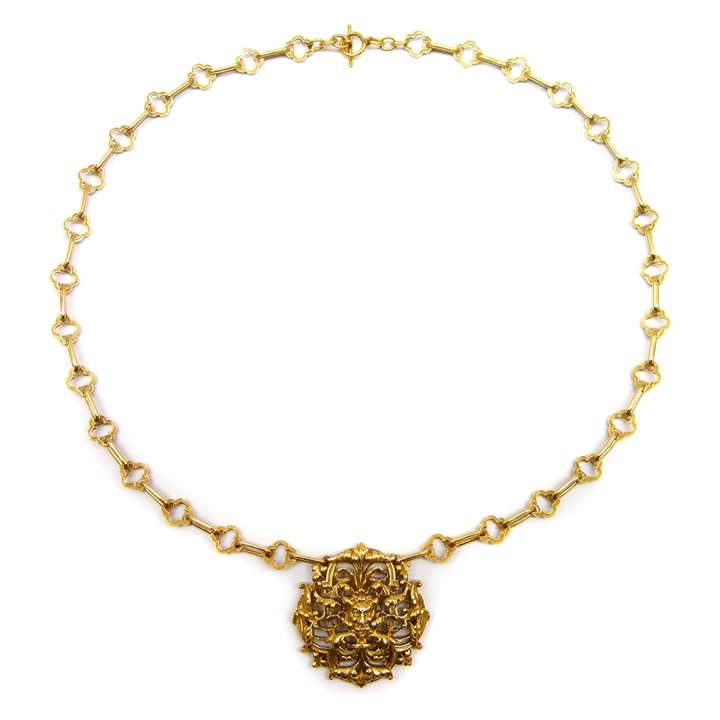 Late 19th century openwork 'Green Man' pendant and chain necklace